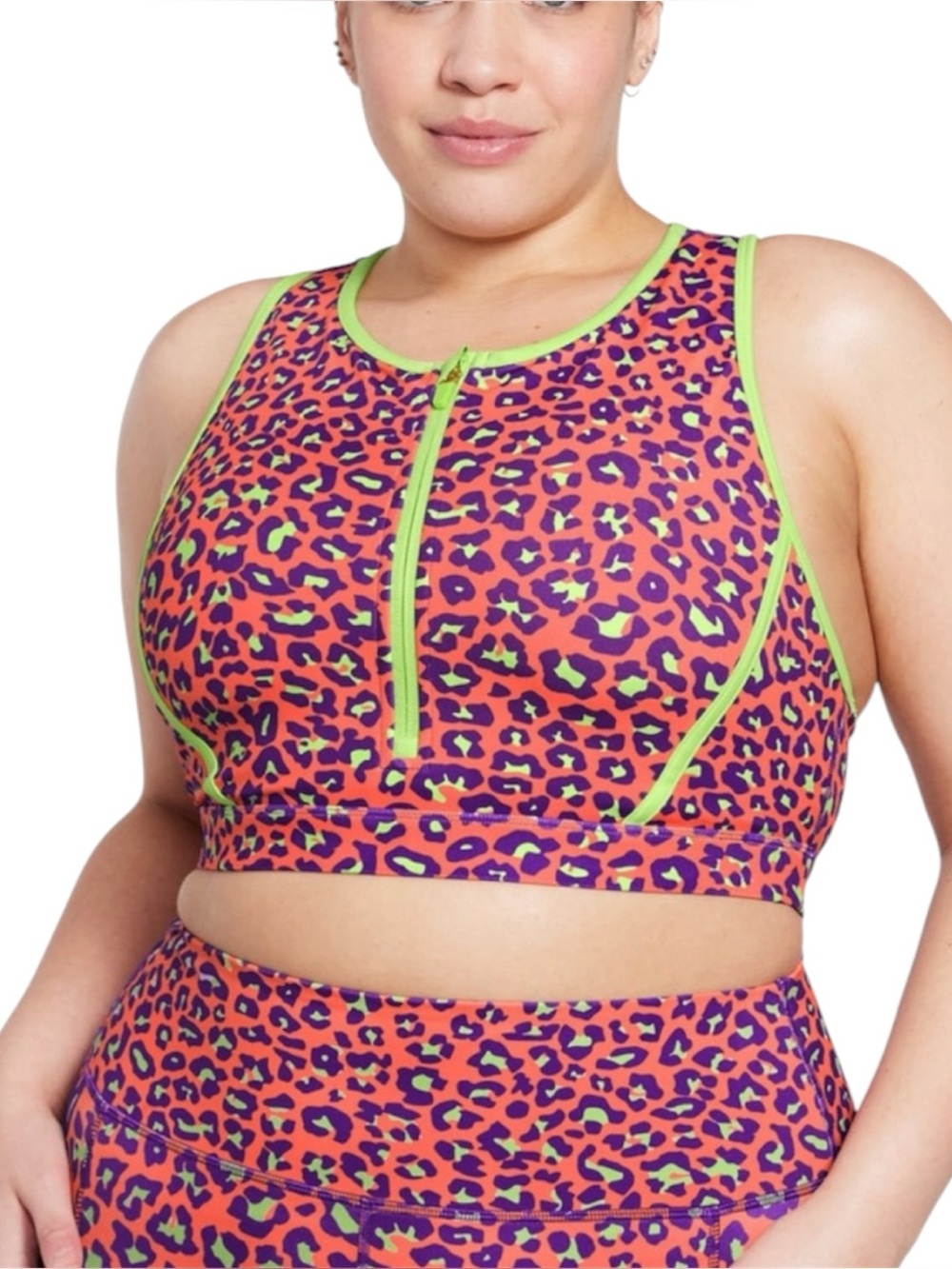 NEW PELOTON Brittany Allen Women's Leopard Print Neon Front Zipper Sports Bra L